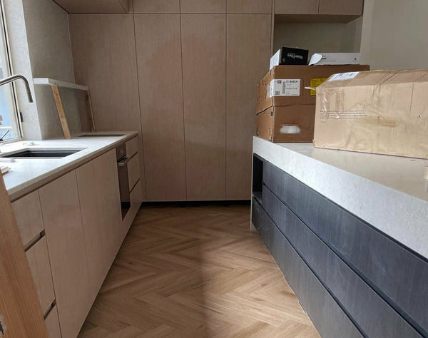 Front view of Beige Ash Engineered Timber Herringbone 15.3mm in Beige Ash colour neutral tone herringbone flooring sample