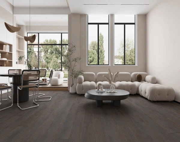 Perspective view of Charcoal SPC Hybrid Floorboards 5+1.5mm in Charcoal colour dark shade hybrid flooring sample