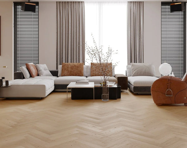 Close-up of French Oak SPC Hybrid Floorboards Herringbone 7.5+2mm in French Oak colour warm tone herringbone flooring sample