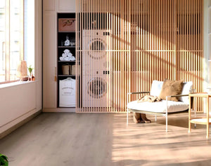 Top-down view of Ivory Beige SPC Hybrid Floorboards 5+1.5mm in Ivory Beige colour warm tone hybrid flooring sample