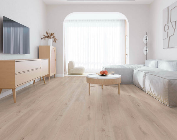 Perspective view of Kandos Grey Urban Laminate Floors 12mm in Kandos Grey colour neutral tone flooring sample
