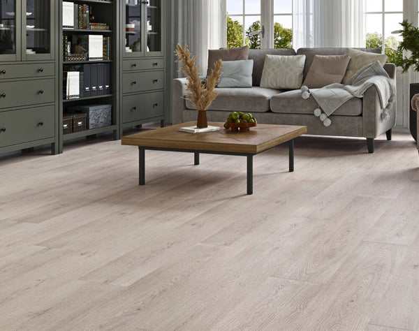 Front view of Koala Grey SPC Hybrid Floorboards 5+1.5mm in Koala Grey colour neutral tone hybrid flooring sample