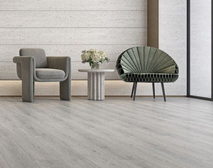Angled view of Light Grey SPC Hybrid Floorboards 5+1.5mm in Light Grey colour light tone hybrid flooring sample
