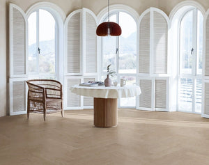 Top-down view of Light Neutral Engineered Timber Herringbone 15.3mm in Light Neutral colour light tone herringbone flooring sample