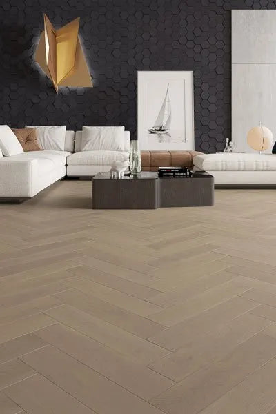 Full view of Light Malt Engineered Timber Herringbone 15.3mm in Light Malt colour light tone herringbone flooring sample