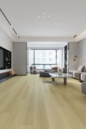 Front view of Sand Oak Urban Laminate Floors 12mm in Sand Oak colour warm tone flooring sample