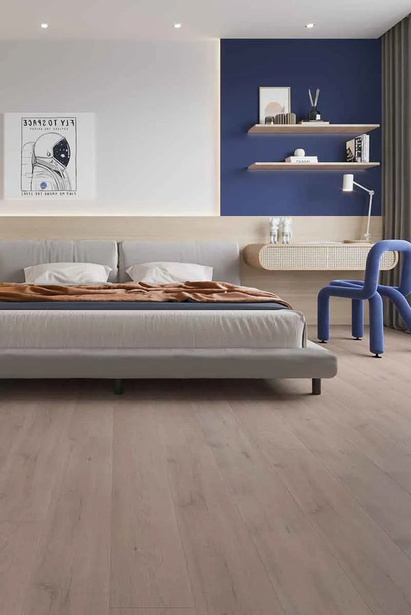 Detailed view of Ivory Beige SPC Hybrid Floorboards 5+1.5mm in Ivory Beige colour warm tone hybrid flooring sample