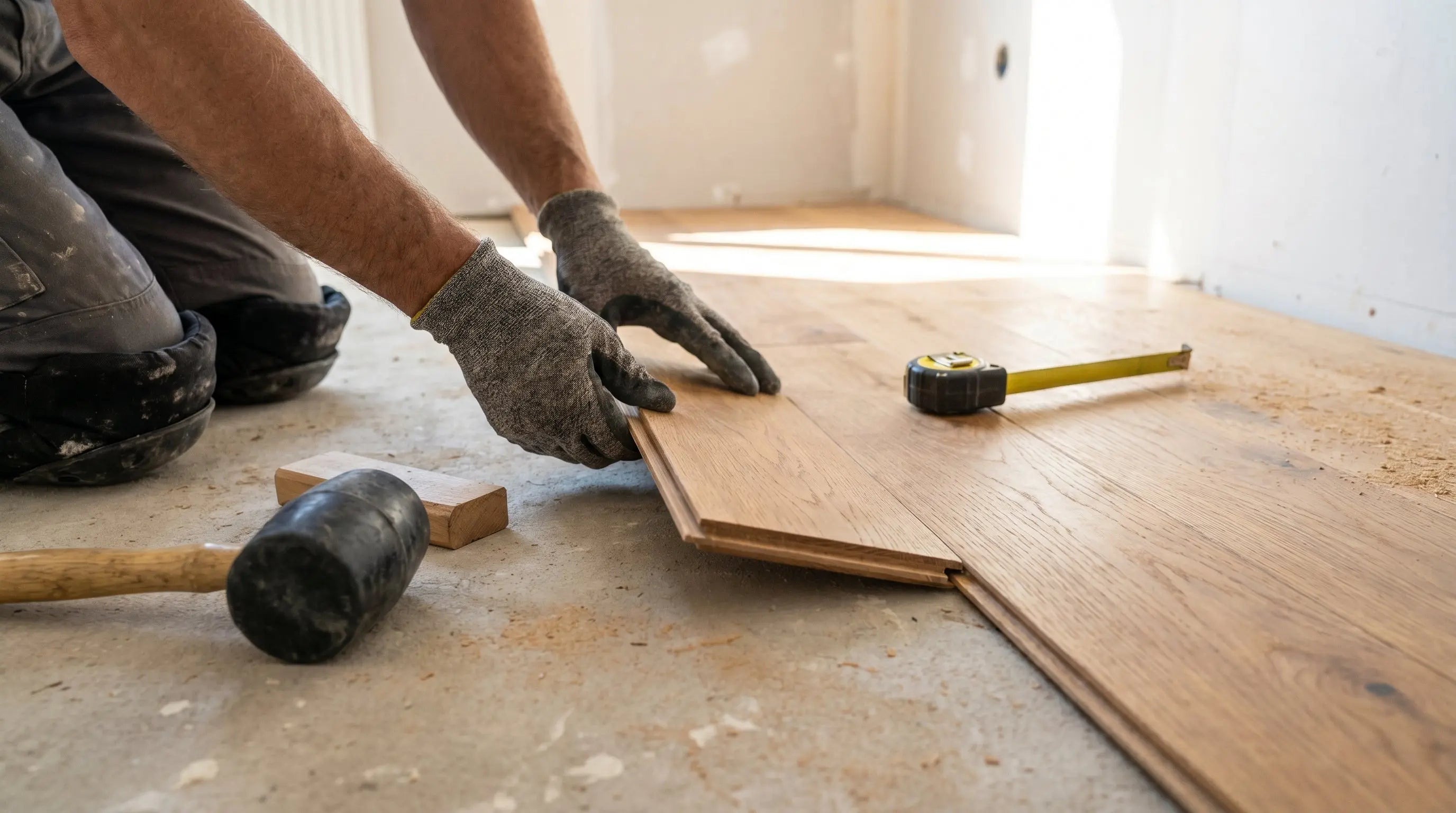 Installer fitting a warm oak engineered timber plank during installation