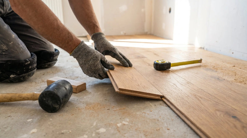 Installer fitting a warm oak engineered timber plank during installation