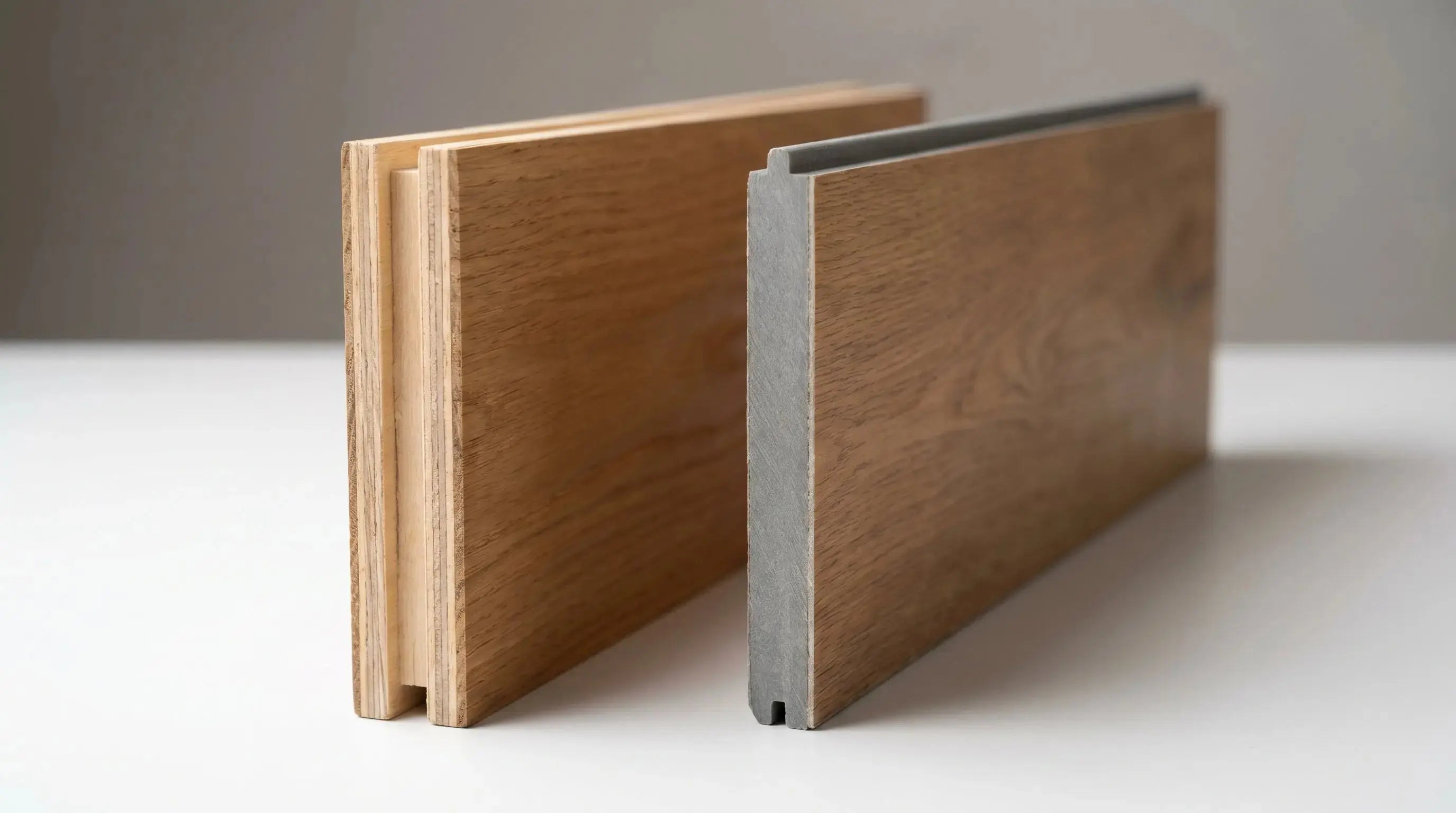 Real engineered oak plank next to a printed timber-look plank showing the difference