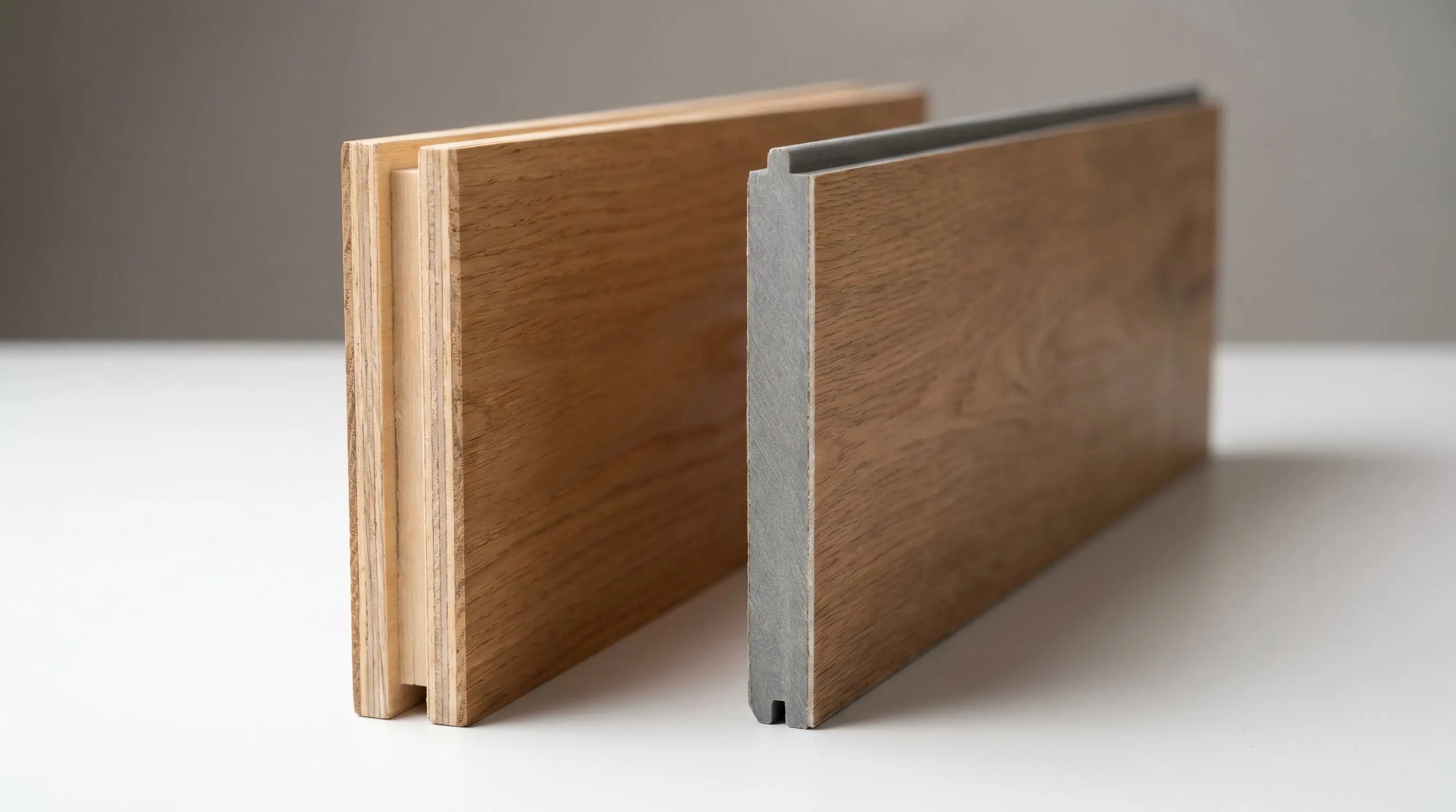 Real engineered oak plank next to a printed timber-look plank showing the difference