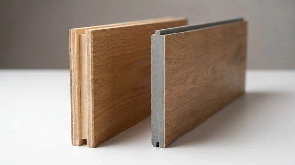 Real engineered oak plank next to a printed timber-look plank showing the difference