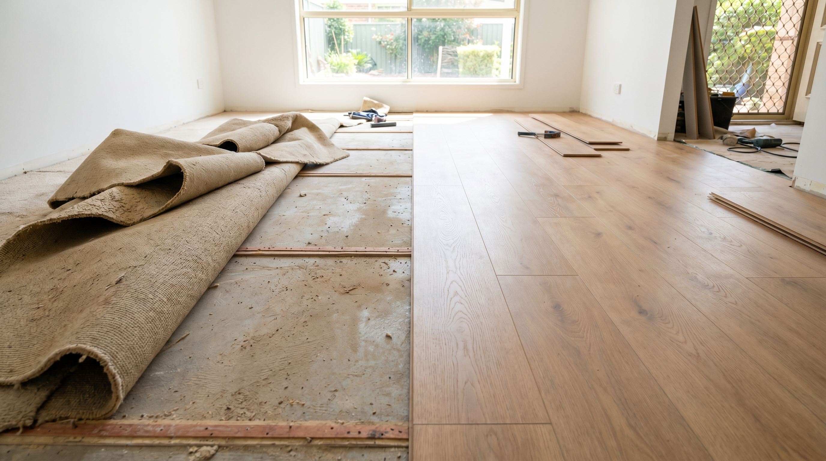 Old carpet rolled back revealing new light oak hybrid flooring during a renovation