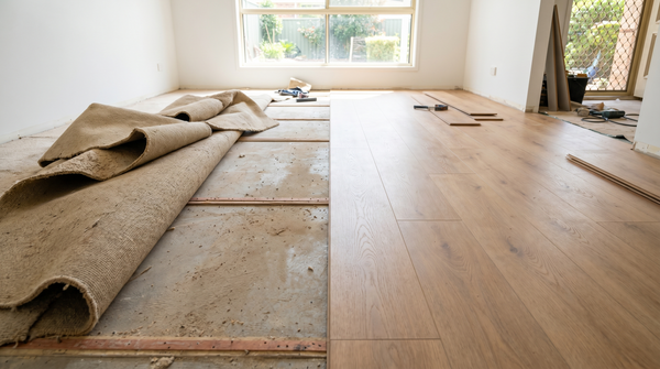 Old carpet rolled back revealing new light oak hybrid flooring during a renovation