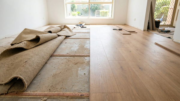 Old carpet rolled back revealing new light oak hybrid flooring during a renovation