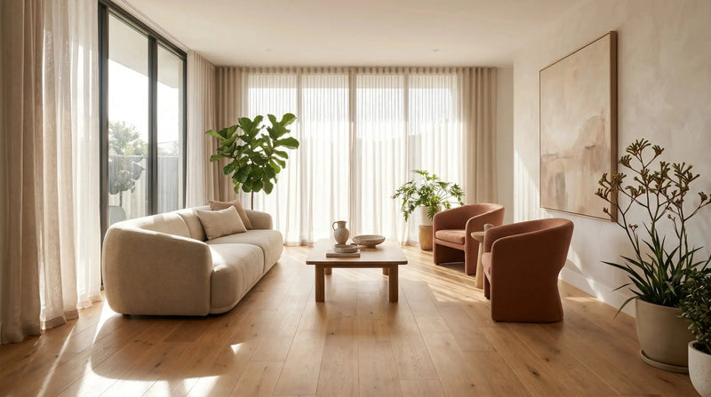 Warm honey-toned timber-look flooring in a sunlit Australian living room