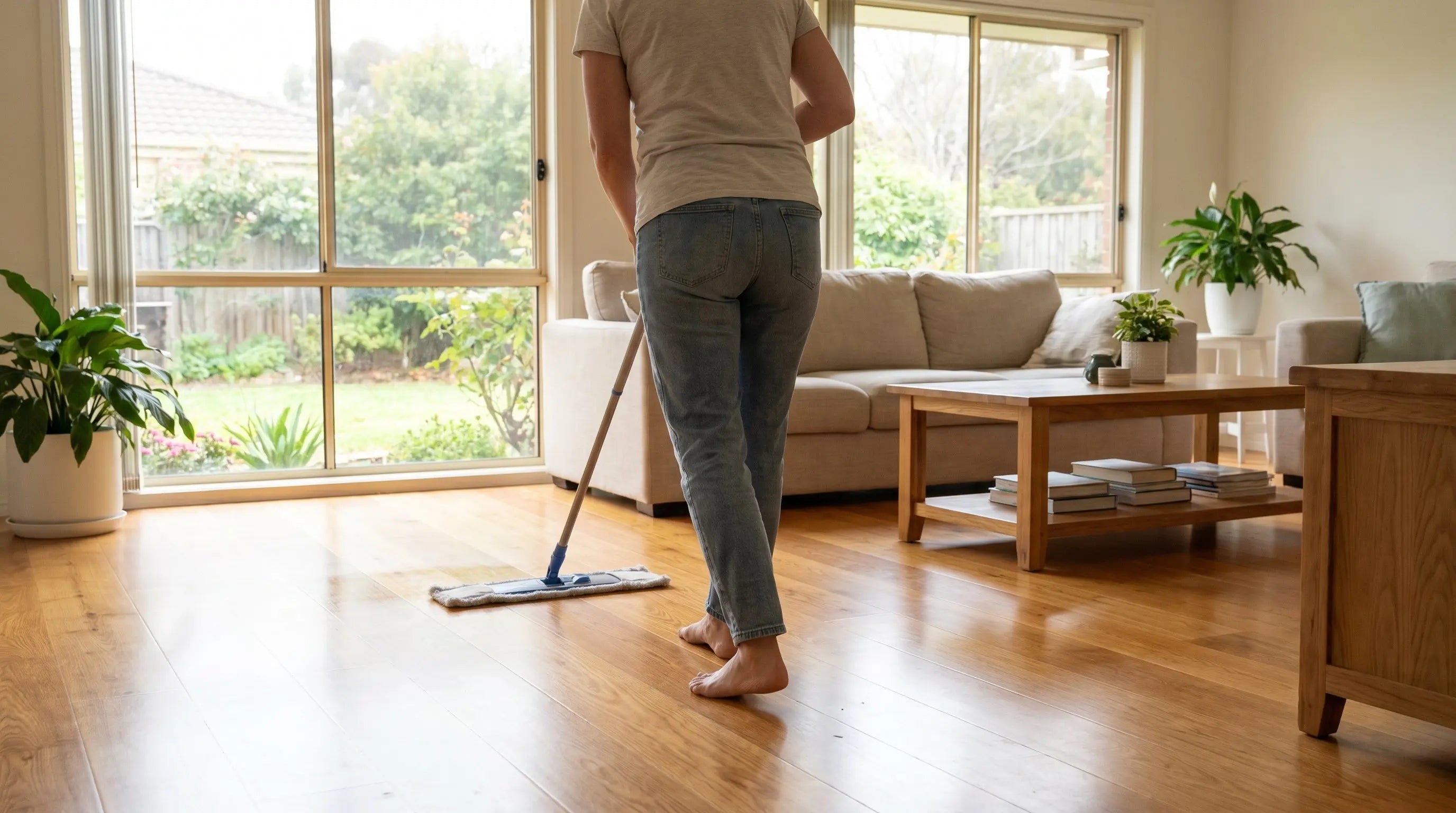 Damp-mopping a warm honey oak engineered timber floor with a microfibre mop