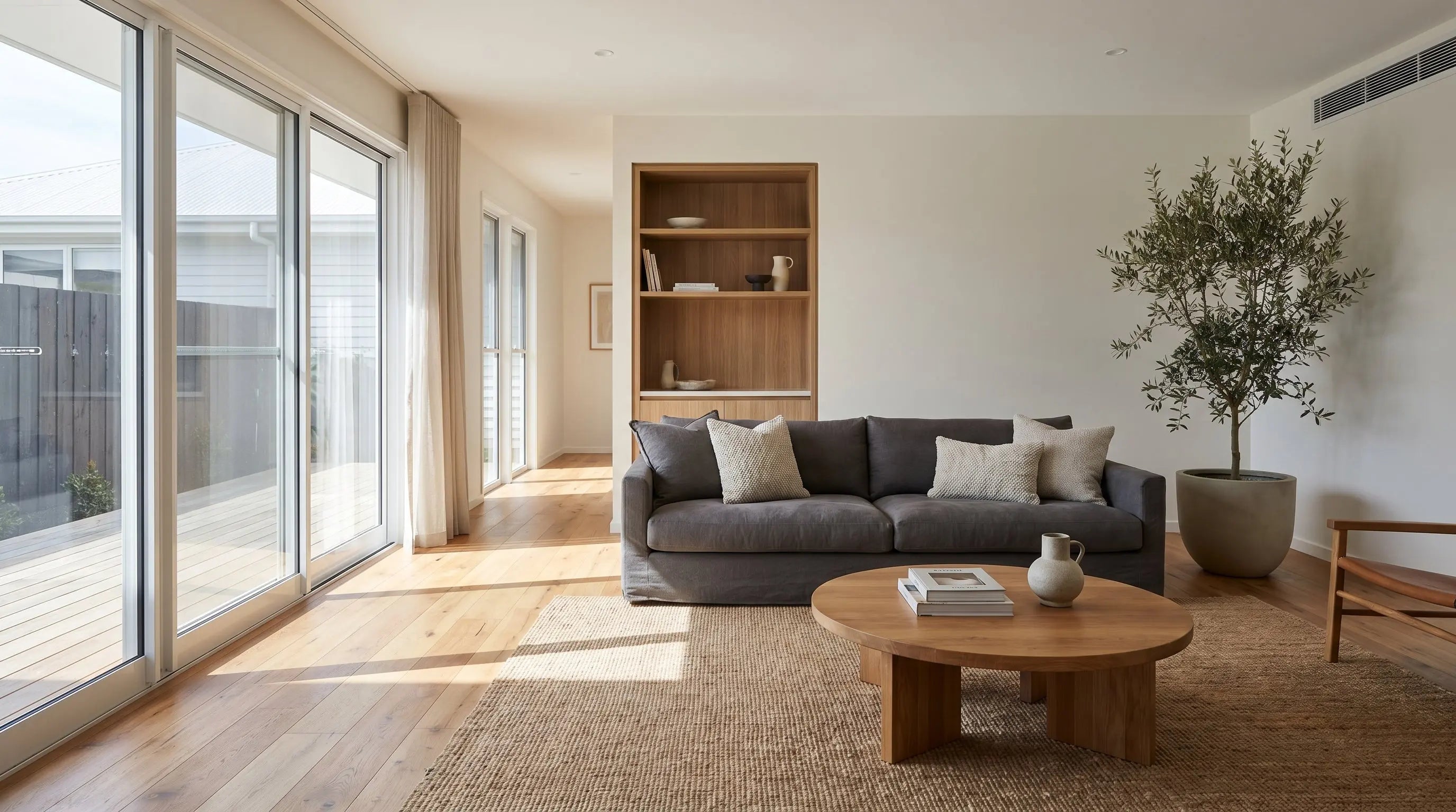 Elegant living room with warm engineered oak timber flooring