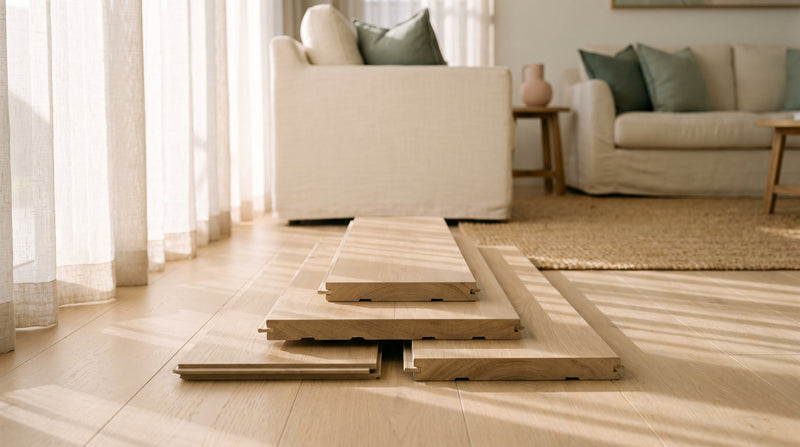 Three hybrid floorboards of different thicknesses stacked in steps so their profiles and click-lock edges can be compared