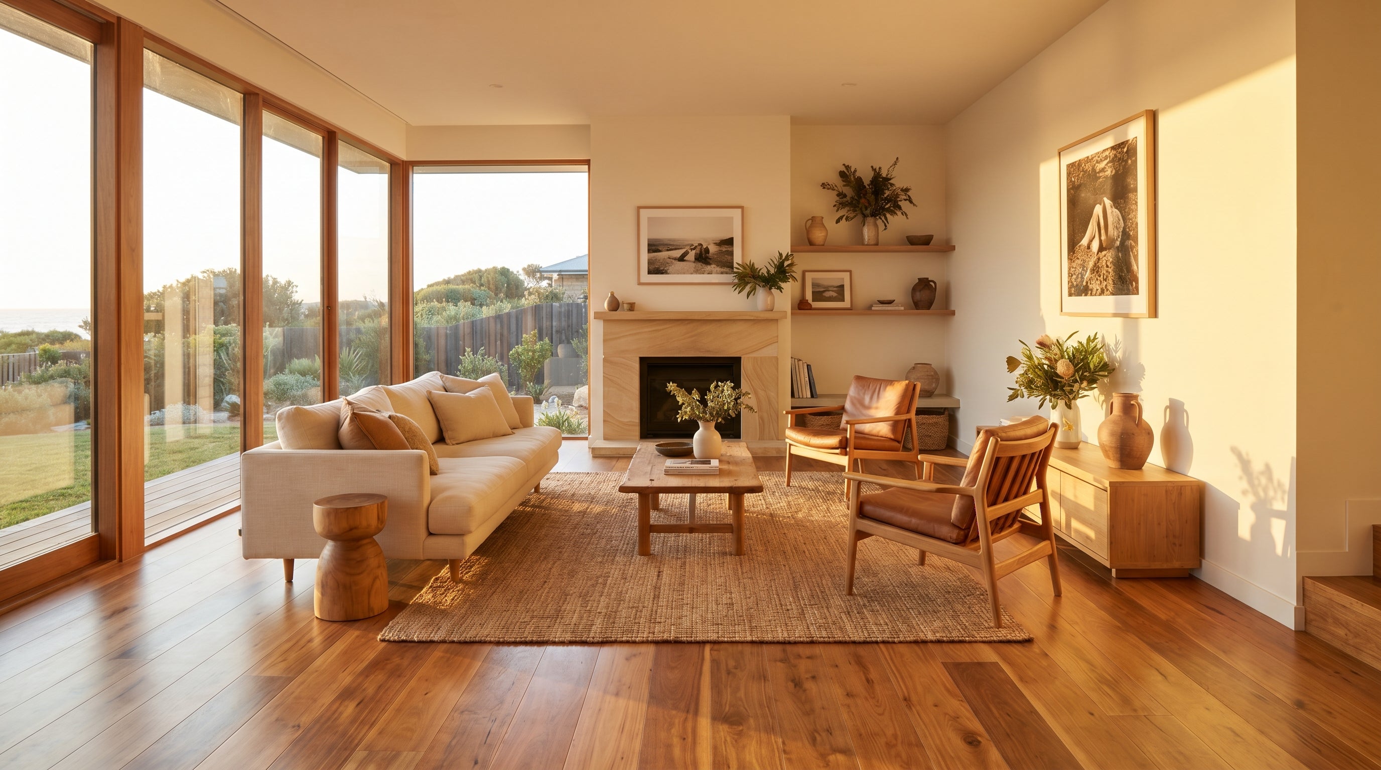 Rich spotted gum Australian hardwood engineered flooring with dramatic grain in a designer living room