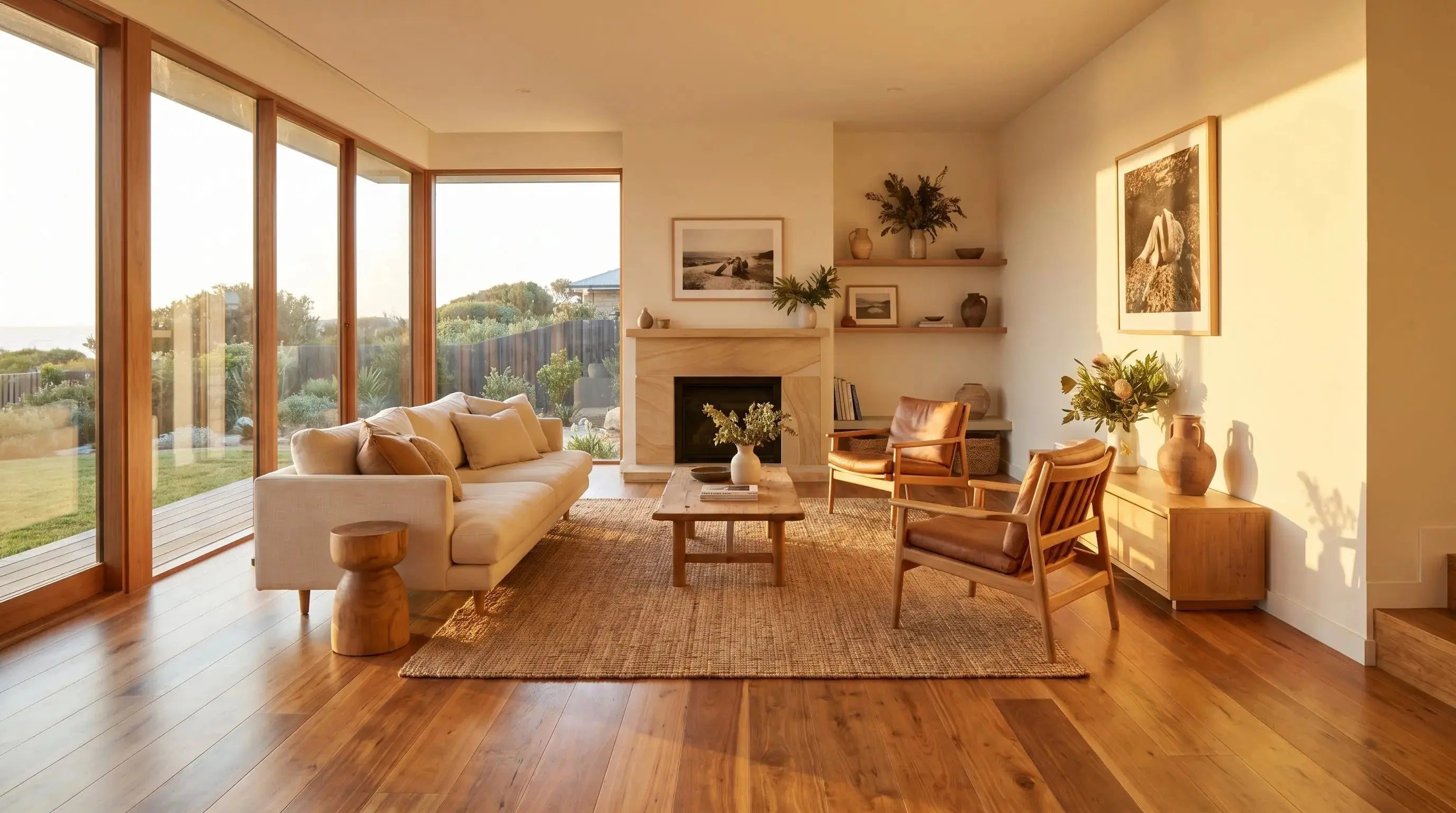 Rich spotted gum Australian hardwood engineered flooring with dramatic grain in a living room