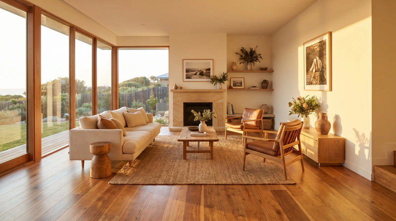 Rich spotted gum Australian hardwood engineered flooring with dramatic grain in a designer living room
