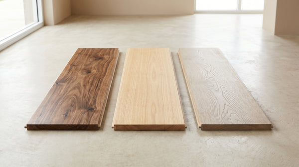 Spotted Gum, Blackbutt and European Oak engineered timber floorboards compared side by side