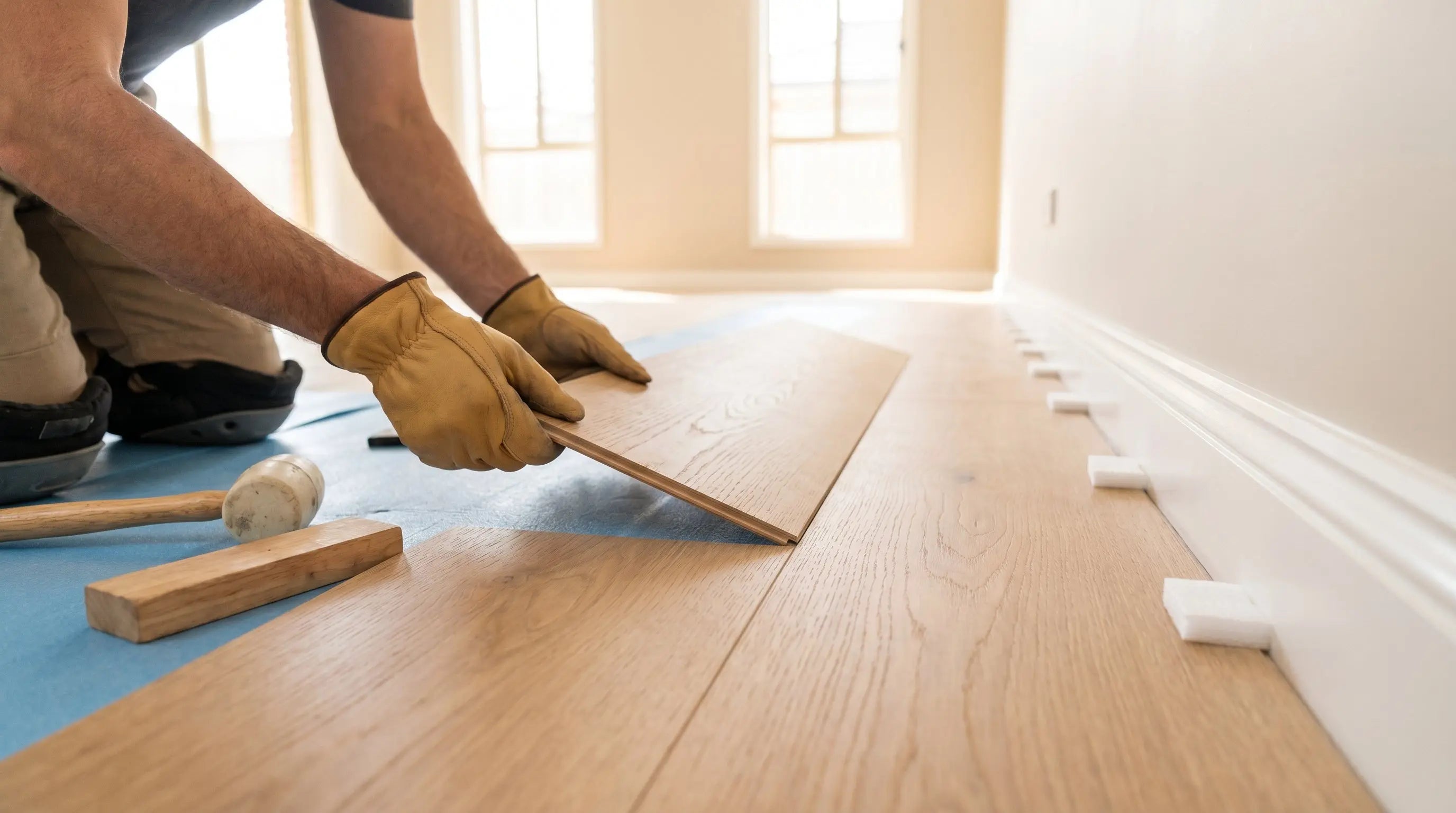 DIY installer clicking hybrid floorboards together with expansion spacers along the skirting