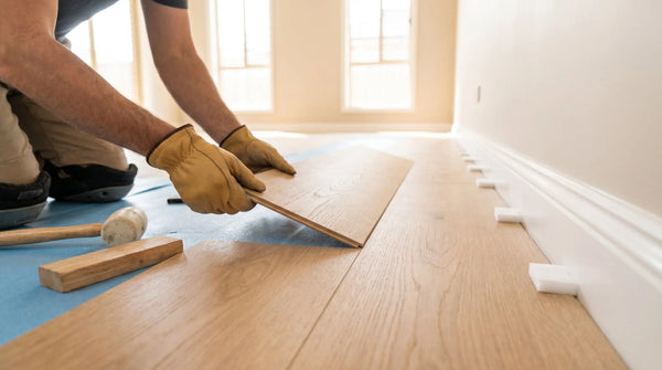 DIY installer clicking hybrid floorboards together with expansion spacers along the skirting