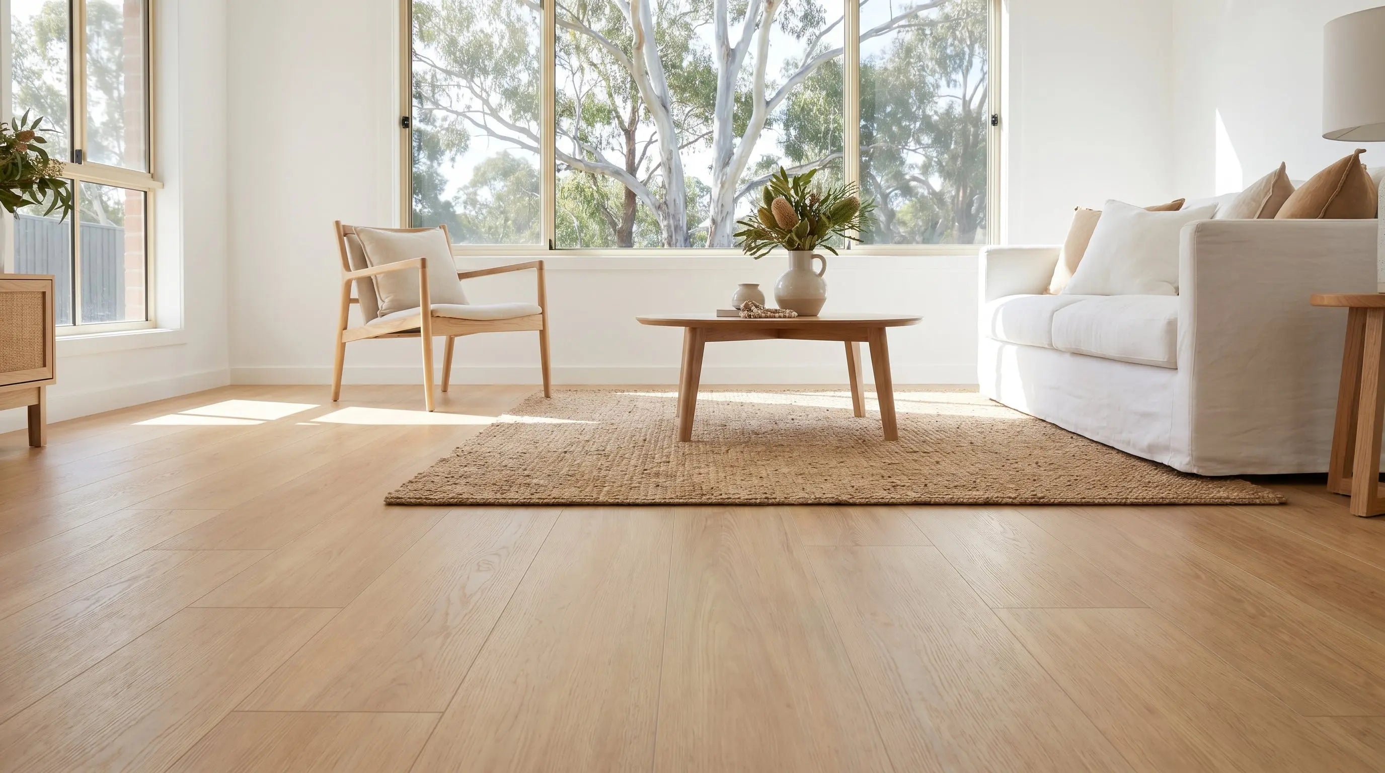 Sunlit Australian living room with pale honey-blonde blackbutt hybrid flooring