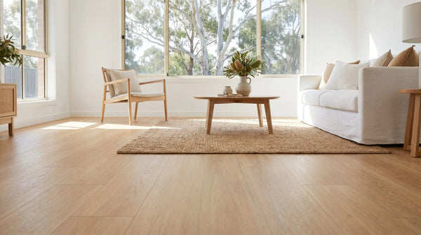Sunlit Australian living room with pale honey-blonde blackbutt hybrid flooring