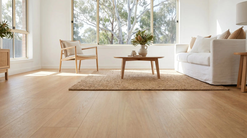 Sunlit Australian living room with pale honey-blonde blackbutt hybrid flooring