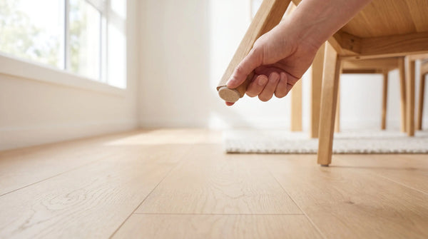 Hand fitting a felt protector pad to a chair leg above light oak hybrid flooring