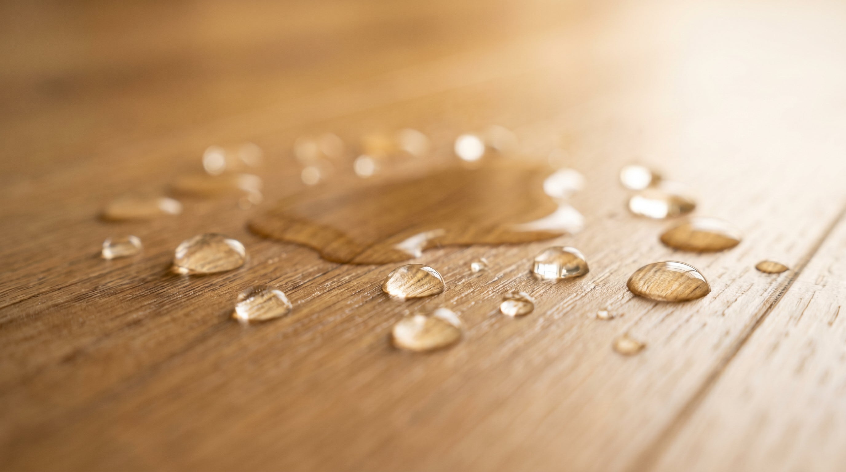 Water droplets beading on the water-resistant surface of oak hybrid flooring
