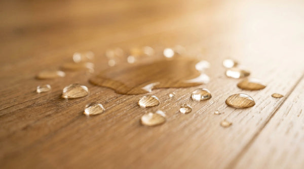Water droplets beading on the water-resistant surface of oak hybrid flooring