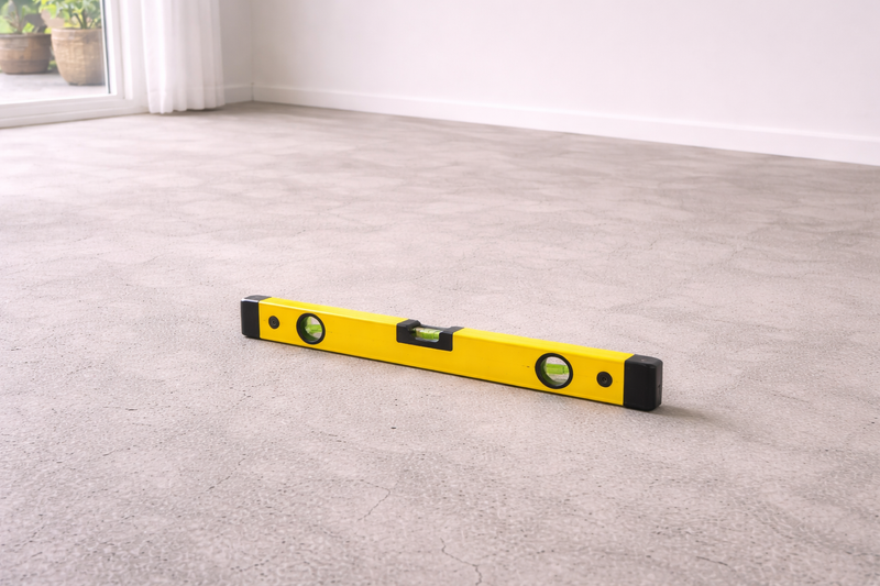 Yellow spirit level on a bare concrete subfloor before flooring installation.