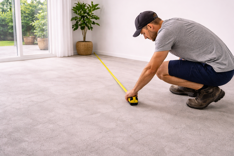 Person measuring a room at floor level with a tape measure before ordering flooring.