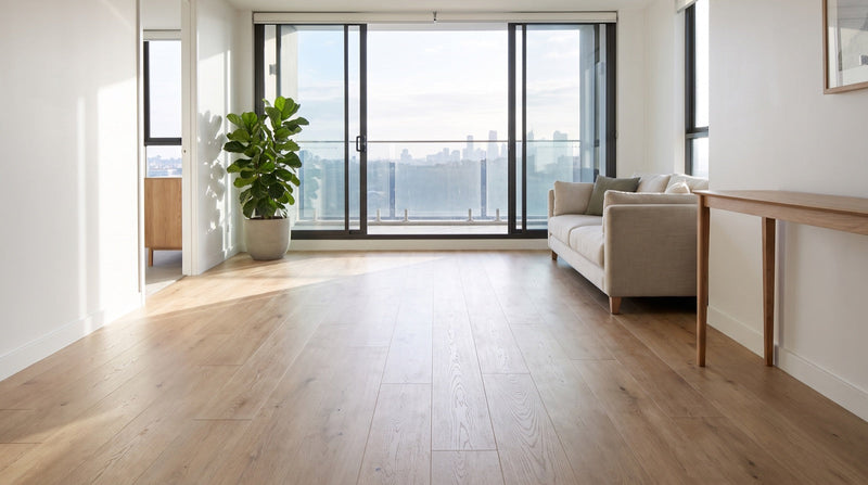 Light oak click-lock floating floor running through the open living area of a modern Australian apartment with a balcony beyond