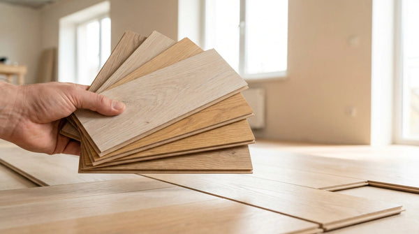 Fanned hybrid flooring samples in light Australian tones above a part-installed floor