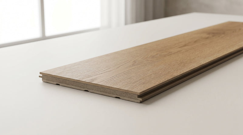 Premium SPC stone composite hybrid flooring plank cut to reveal the dense rigid core layer