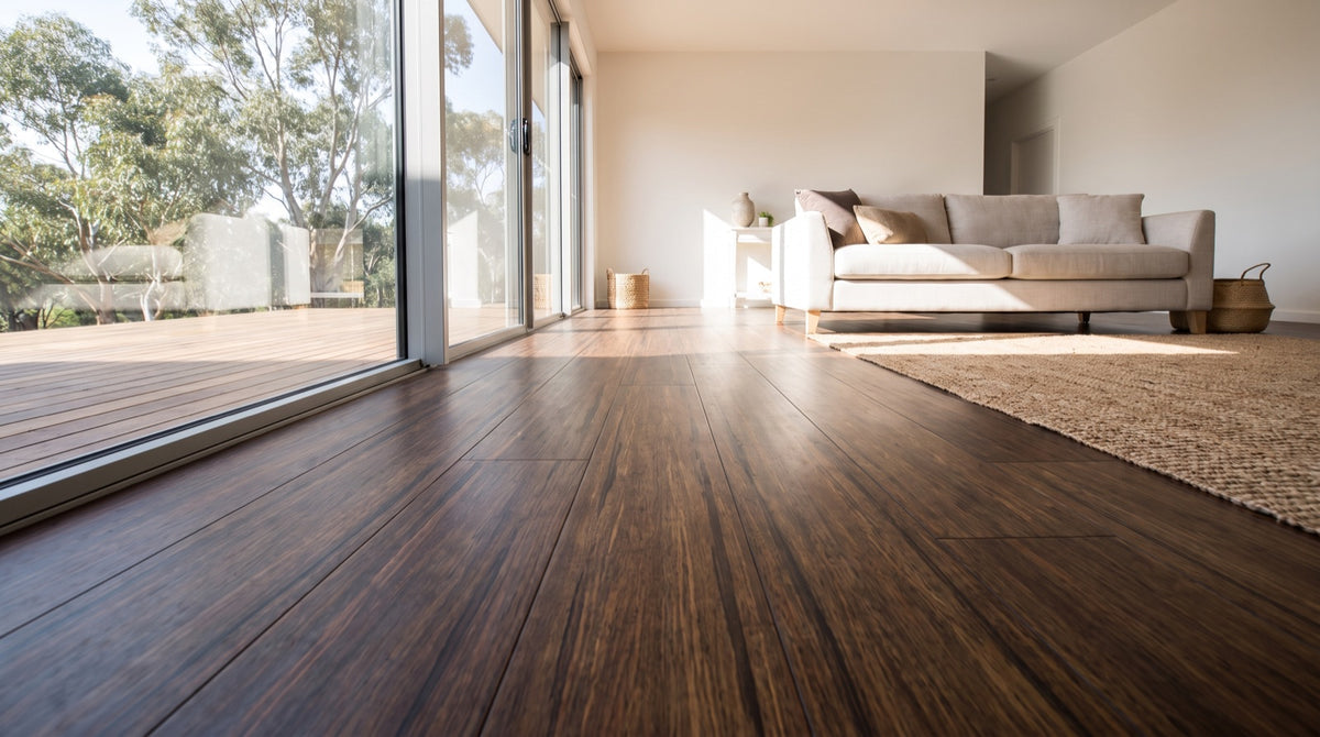 Strand woven bamboo flooring in a deep coffee brown tone running through a bright open-plan Australian living room