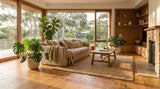 Warm honey oak engineered timber flooring in a bright modern Australian living room