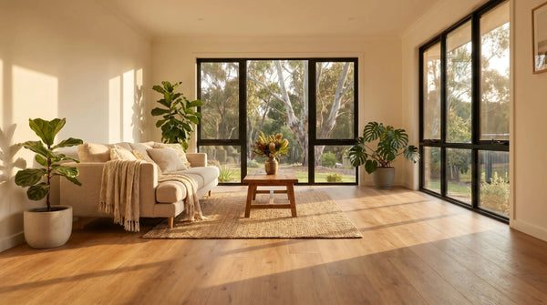 Warm honey oak timber floor in a sunlit, cosy Australian living room
