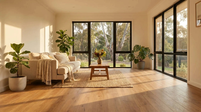 Warm honey oak timber floor in a sunlit, cosy Australian living room