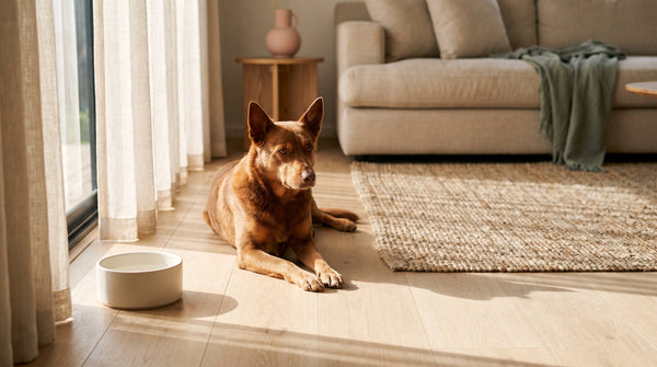 A red kelpie relaxing on a clean pale oak hybrid floor in a sunlit Australian living room
