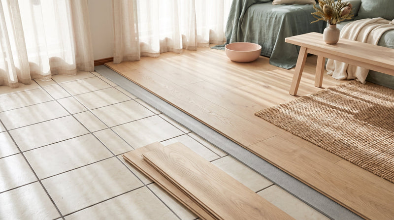 Pale oak hybrid floorboards being laid directly over old cream ceramic tiles, with the boundary between old and new floor visible