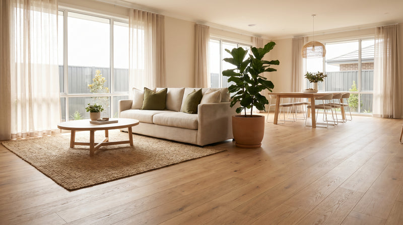 Bright open-plan Australian living room with wide-board warm oak hybrid flooring, 2026 styling