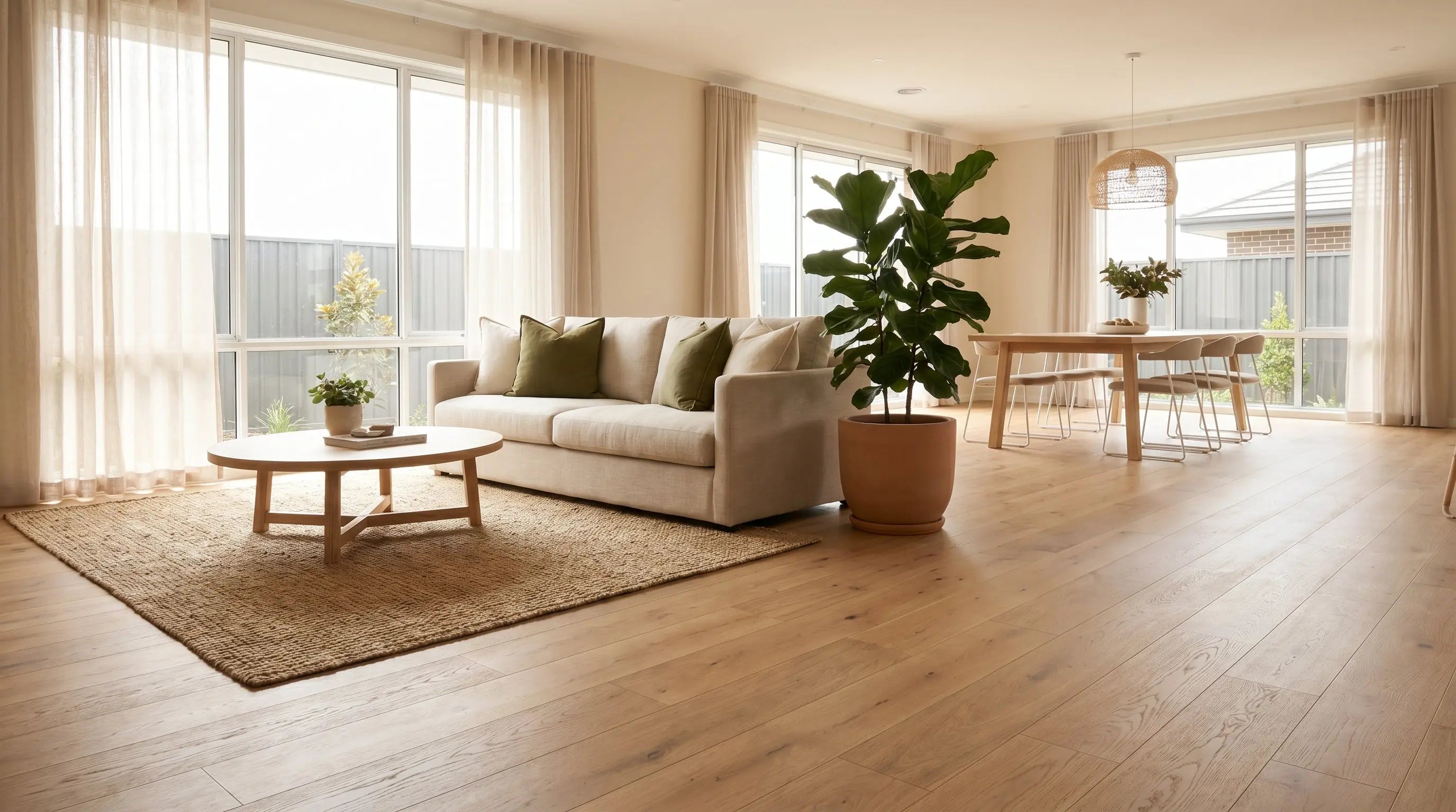 Bright open-plan Australian living room with wide-board warm oak hybrid flooring, 2026 styling