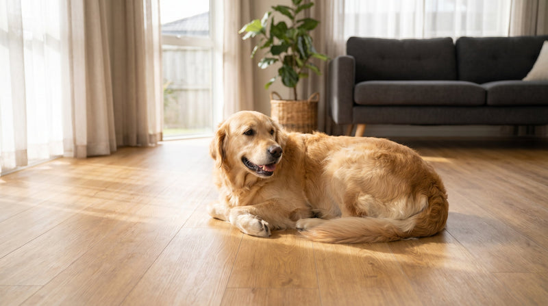 Happy golden retriever lying on warm oak hybrid flooring in a bright Australian living room