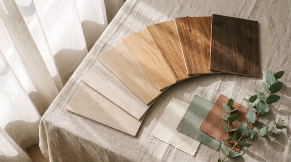 Flooring sample boards fanned out from pale white-washed oak to dark smoked walnut beside fabric swatches and eucalyptus